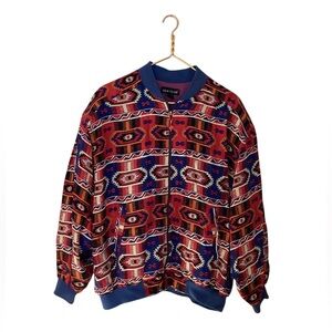 VTG 90s Silk Club Aztec 100% Silk Red Blue Bomber Jacket Size Mens M